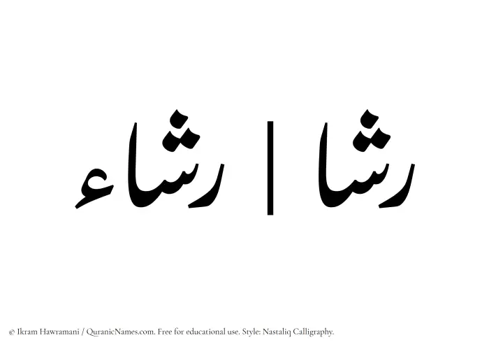 The Muslim name word Rashaa written in Nastaliq calligraphic script