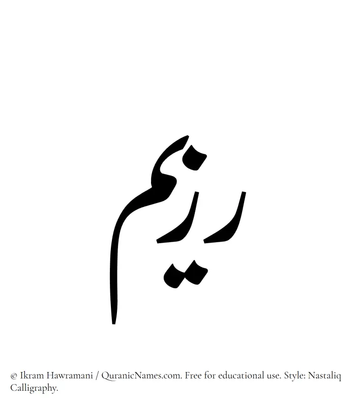 The Muslim name word Razeem written in Nastaliq calligraphic script