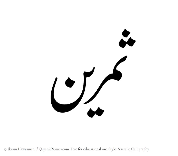 The Muslim name word Samreen written in Nastaliq calligraphic script