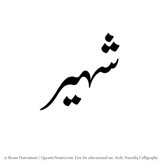 The Muslim name word Shaheer written in Nastaliq calligraphic script