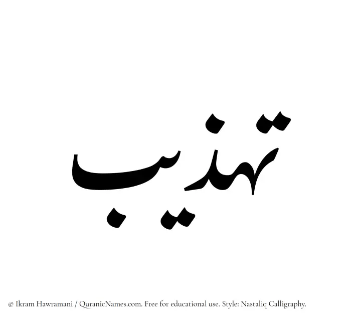The Muslim name word Tahzeeb written in Nastaliq calligraphic script