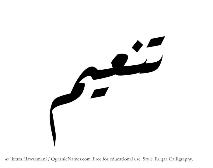 The Muslim name Taneem written in Ruqaa calligraphic script