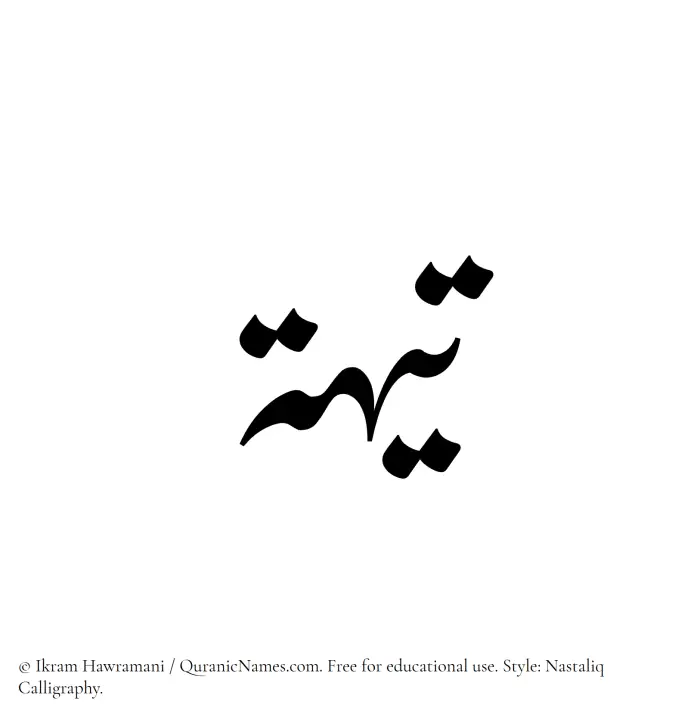 The Muslim name word Teeha written in Nastaliq calligraphic script