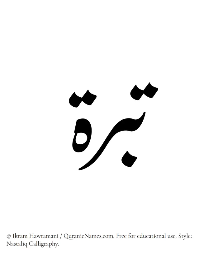 The Muslim name word Tibrah written in Nastaliq calligraphic script