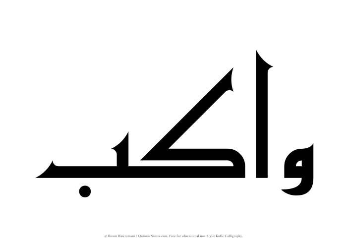 The Muslim name Wakib written in Kufi/Kufic calligraphic script