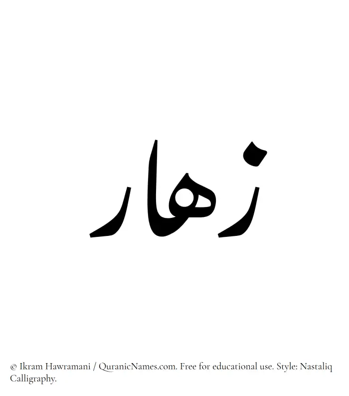The Muslim name word Zahaar written in Nastaliq calligraphic script