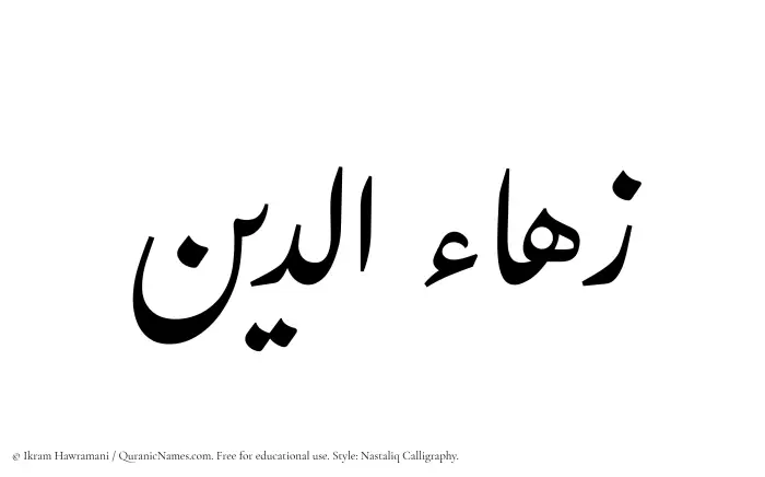 The Muslim name word Zahauddin written in Nastaliq calligraphic script