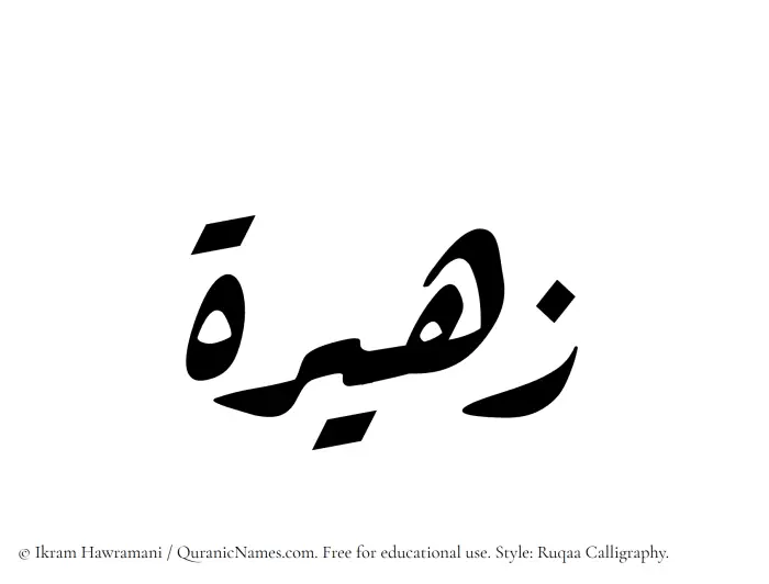 The Muslim name Zaheera written in Ruqaa calligraphic script