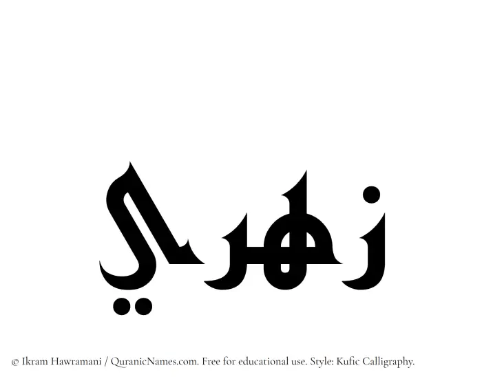 The Muslim name Zahri written in Kufi/Kufic calligraphic script