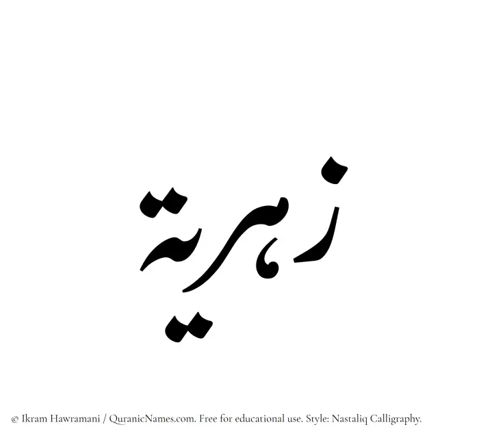 The Muslim name word Zahriyyah written in Nastaliq calligraphic script