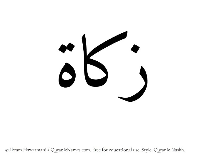 The Muslim name Zakat written in Quranic naskh script