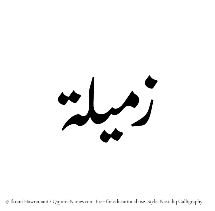 The Muslim name word Zameela written in Nastaliq calligraphic script