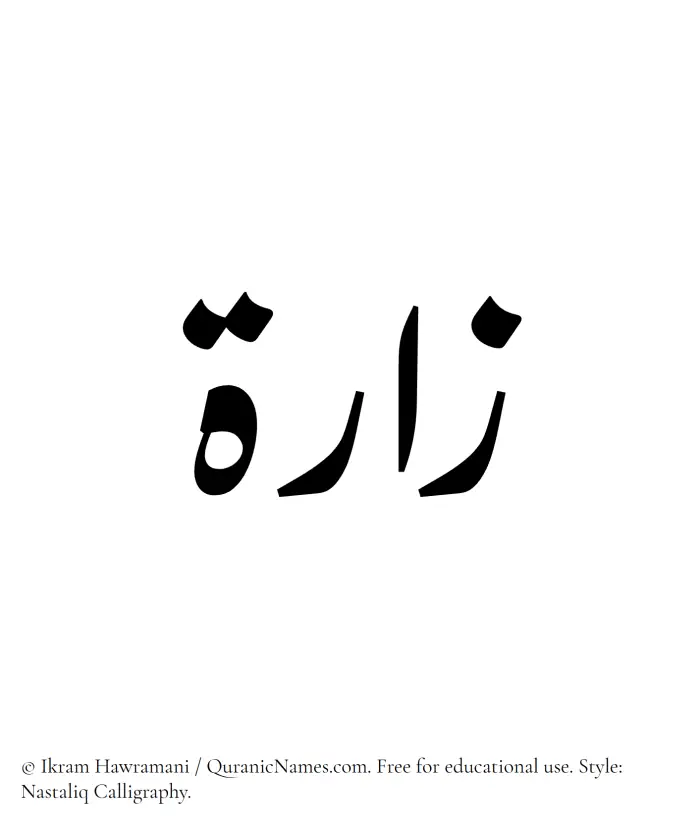 The Muslim name word Zarra written in Nastaliq calligraphic script
