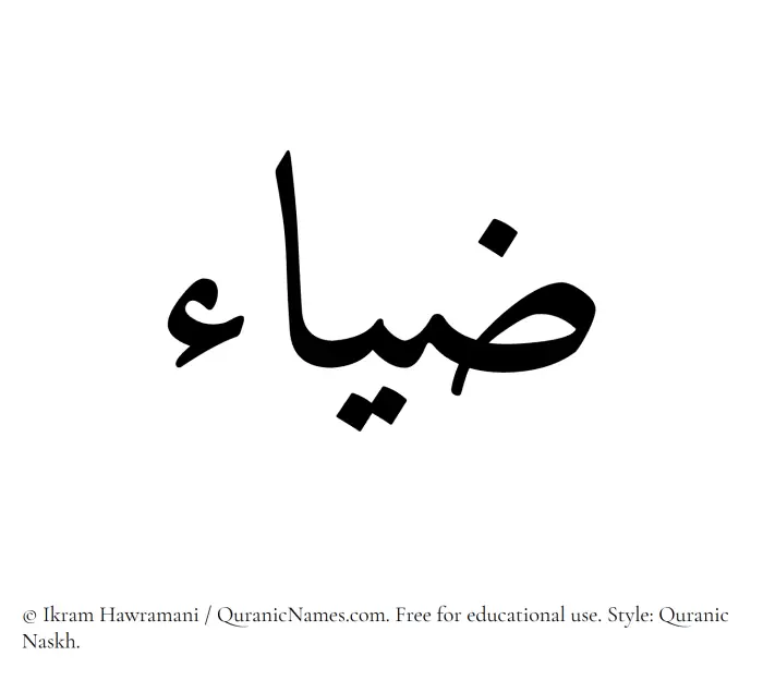 The Muslim name Ziya (Zeyaa/Deyaa) written in Quranic naskh script