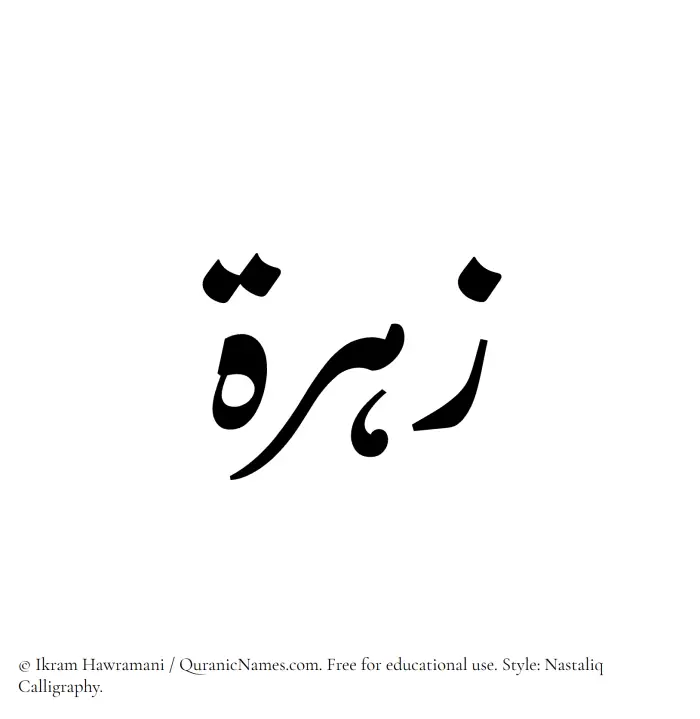 The Muslim name word Zohra written in Nastaliq calligraphic script