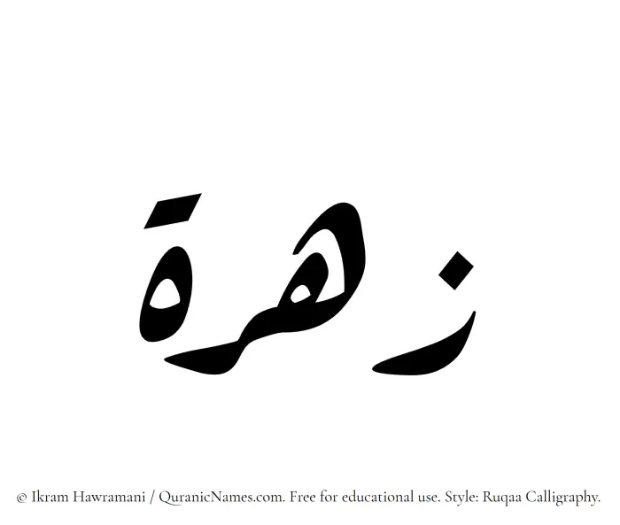 The Muslim name Zohra written in Ruqaa calligraphic script