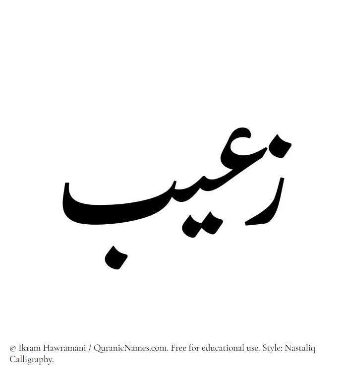 The Muslim name word Zuaib written in Nastaliq calligraphic script